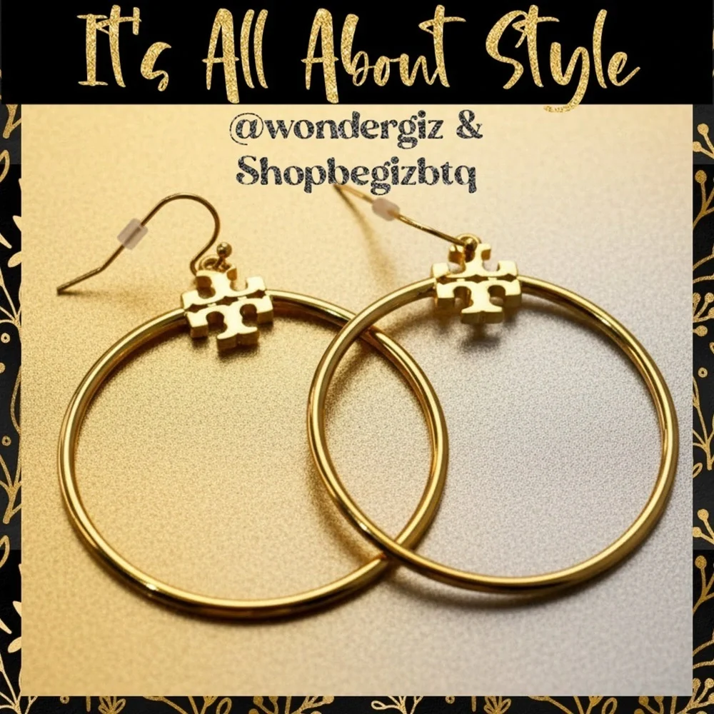 Authentic Tory Burch Metallic Gold Kira Stacked-T Logo Hoop Earring NWOT